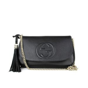 Gucci Soho Disco GG Black Calf Leather Tassel Chain Crossbody